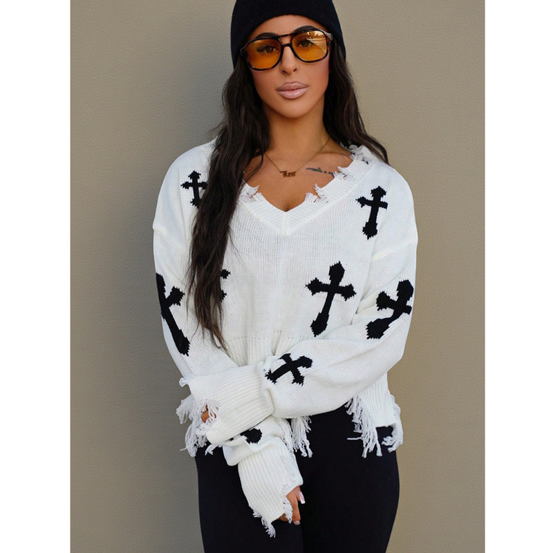 Trendy Versatile Loose Pullover Knit Sweater with Cross Design for Women in Autumn and Winter