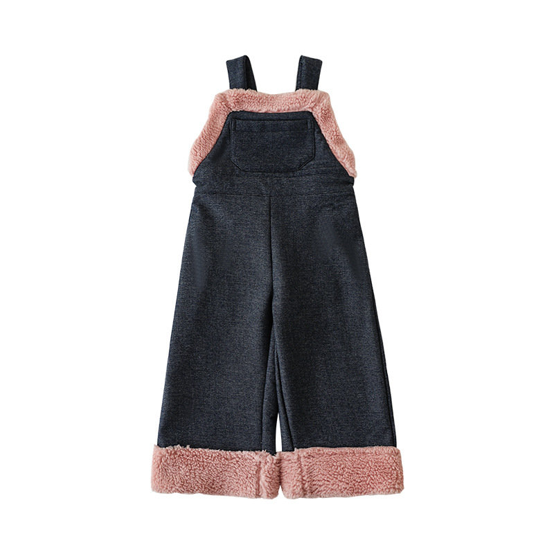 Qiu Doemeng girls color contrast plush overalls children's winter new casual jeans plus fleece warm pants