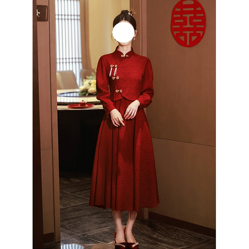 Новое китайское тостовое платье Cheongsam, красное платье невесты из двух частей, осенне-зимнее платье с длинными рукавами от спины до двери, обручальное платье