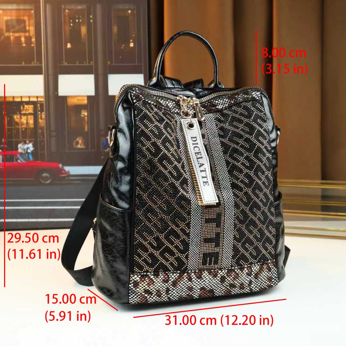 Women's Rhinestone Square Backpack Casual Versatile Shoulder Crossbody Tote Bag Multi-Compartment PU Leather Zipper Closure Medium Size_voghion.com