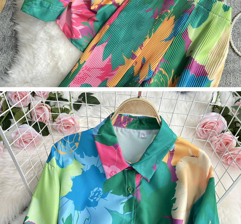 Women's Clothing Fashion suit women's casual loose long sleeved single breasted shirt two piece set high slimming tie dye printed wide leg pants_voghion.com