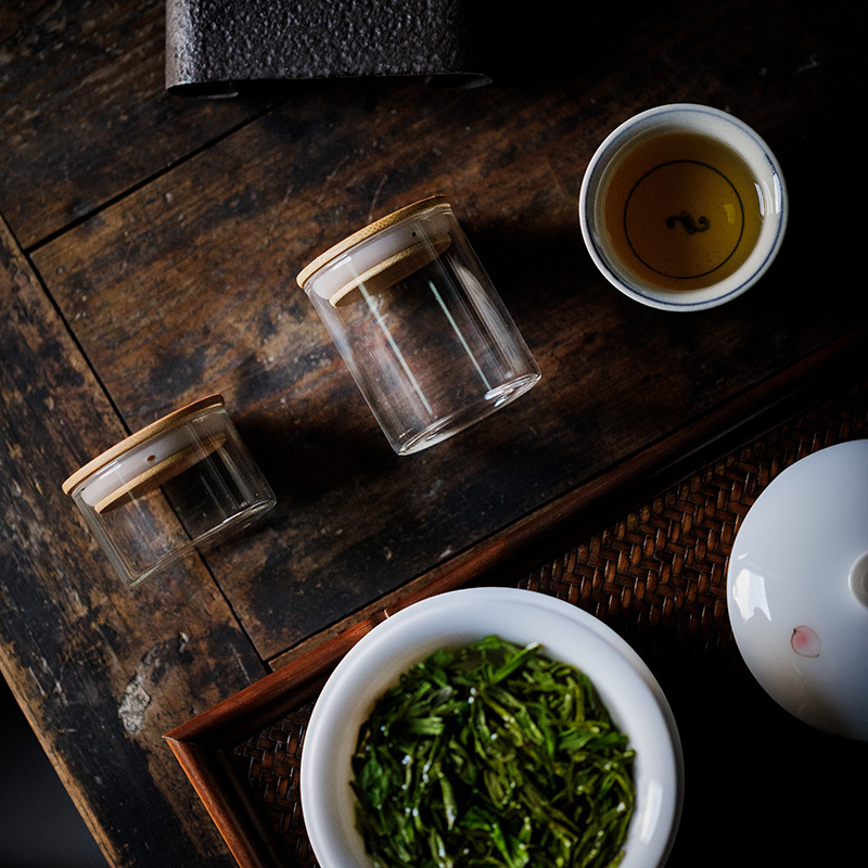 444Z批發  透明玻璃茶葉罐小茶罐家用密封存儲收納罐竹蓋便攜小罐