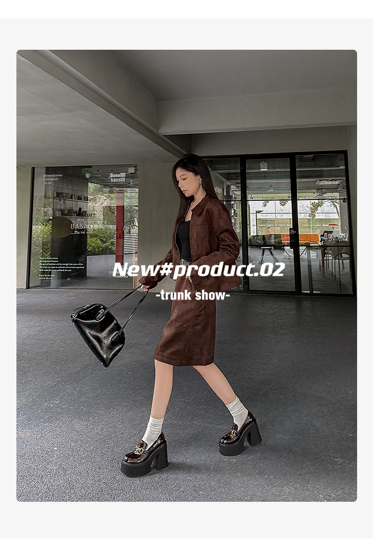 Giày cao gót nữ đế xuồng platform 11cm, mũi vuông phong cách JK, dây xích trang trí — màu nâu, màu đen chi tiết 1