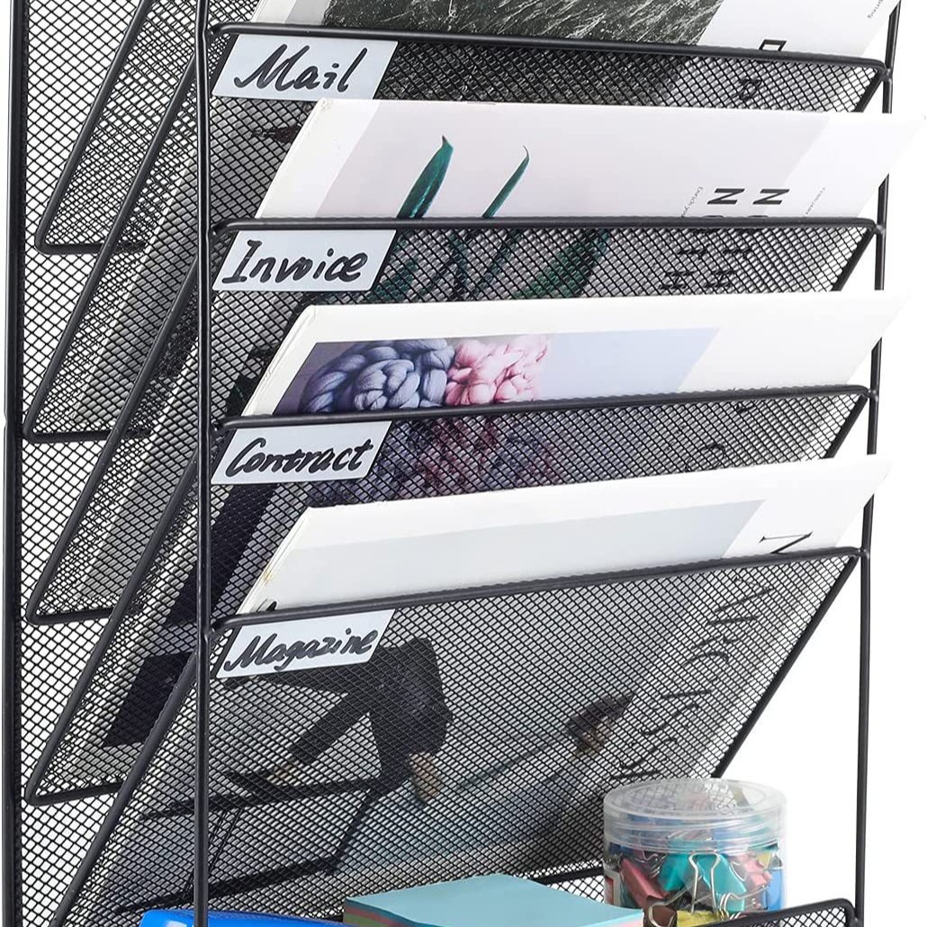 Estante de almacenamiento de archivos, estante de almacenamiento de escritorio de hierro, estante de gestión de archivos, estante de malla de hierro para montaje en pared para suministros de oficina image 7