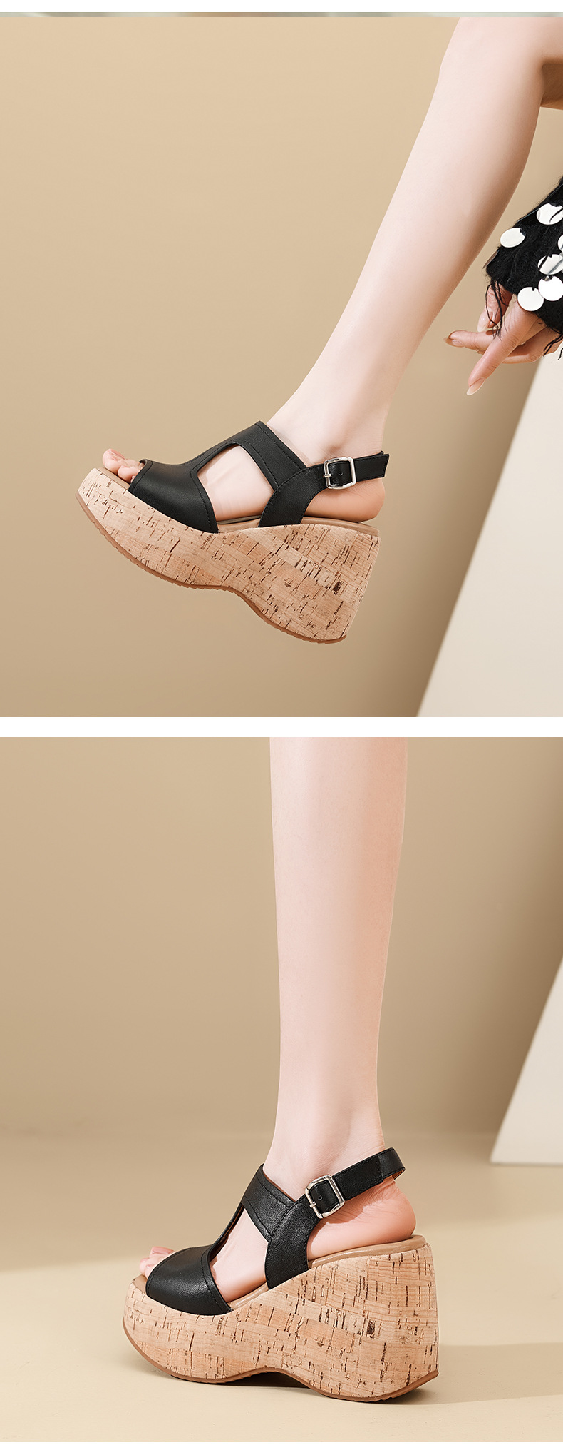 Sandal cao gót nữ đế platform hở mũi da thật gót 10 cm phong cách La Mã — màu đen, màu nâu nhạt chi tiết 7