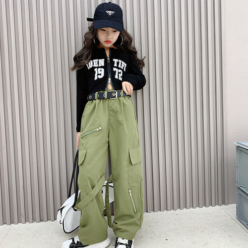 Girls' suit, autumn 2024 new style, fashionable and trendy for older children, student girls' internet-famous street-style cargo pants, sports.