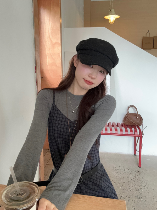 法式复古不规则格子吊带连衣裙长袖T恤女2025秋季新款时尚套装ins|undefined