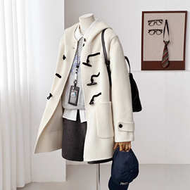 【白茶花雾】新款时尚连帽百搭牛角扣韩系小个子羊毛大衣HL62