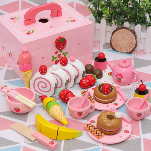 Wooden Girl First Birthday Cake Simulation Fruit Cutout Toy Wooden Boy Kitchen Play House Set