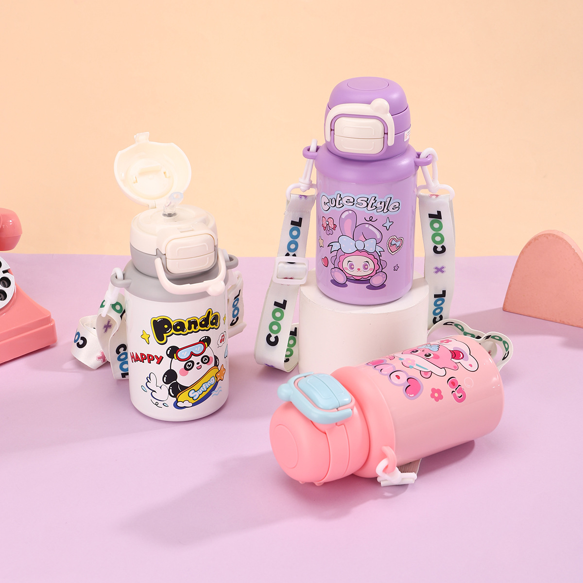 卡通萌趣316不锈钢保温杯男女孩可爱背带双饮水杯户外运动水壶