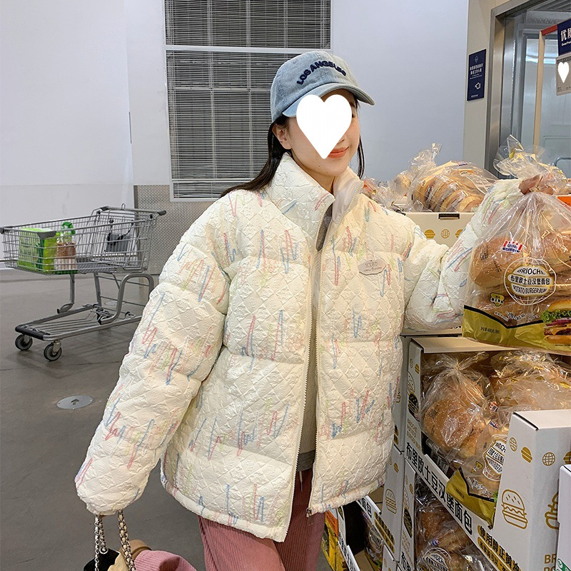 2024冬季彩虹压皱新款棉服女短款韩系时尚宽松学生面包服棉衣外套