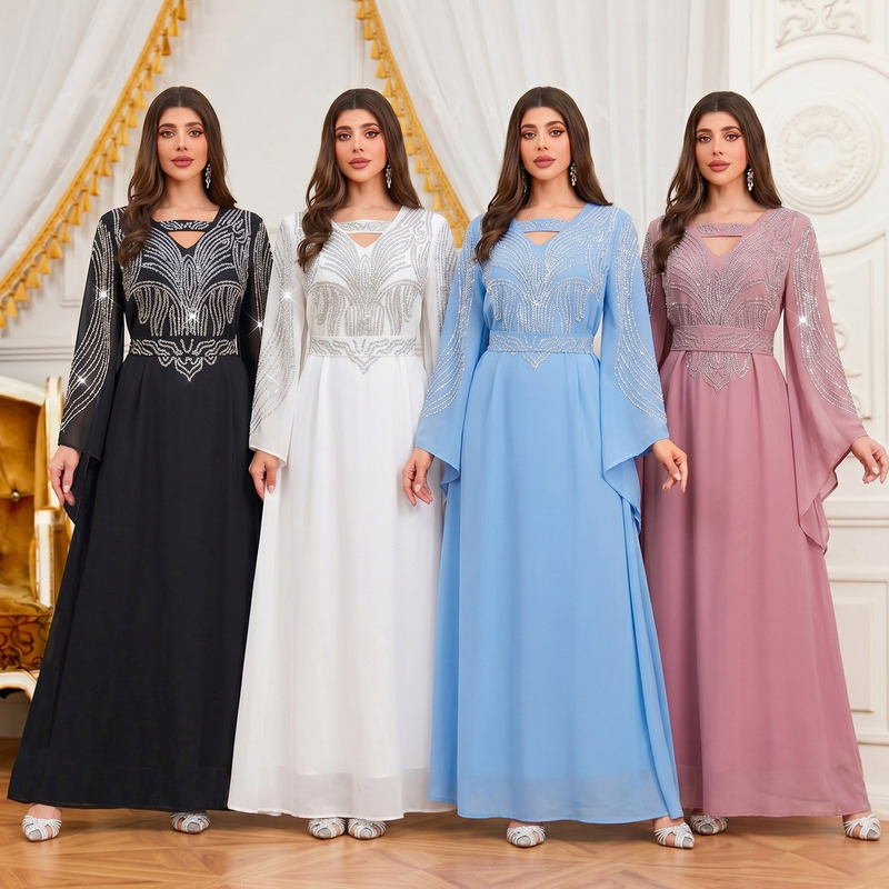 Ad250622 Cross-Border Foreign Trade Women's Clothing, Luxury Hand-Painted and Rhinestone-Embellished Elegant Dress
