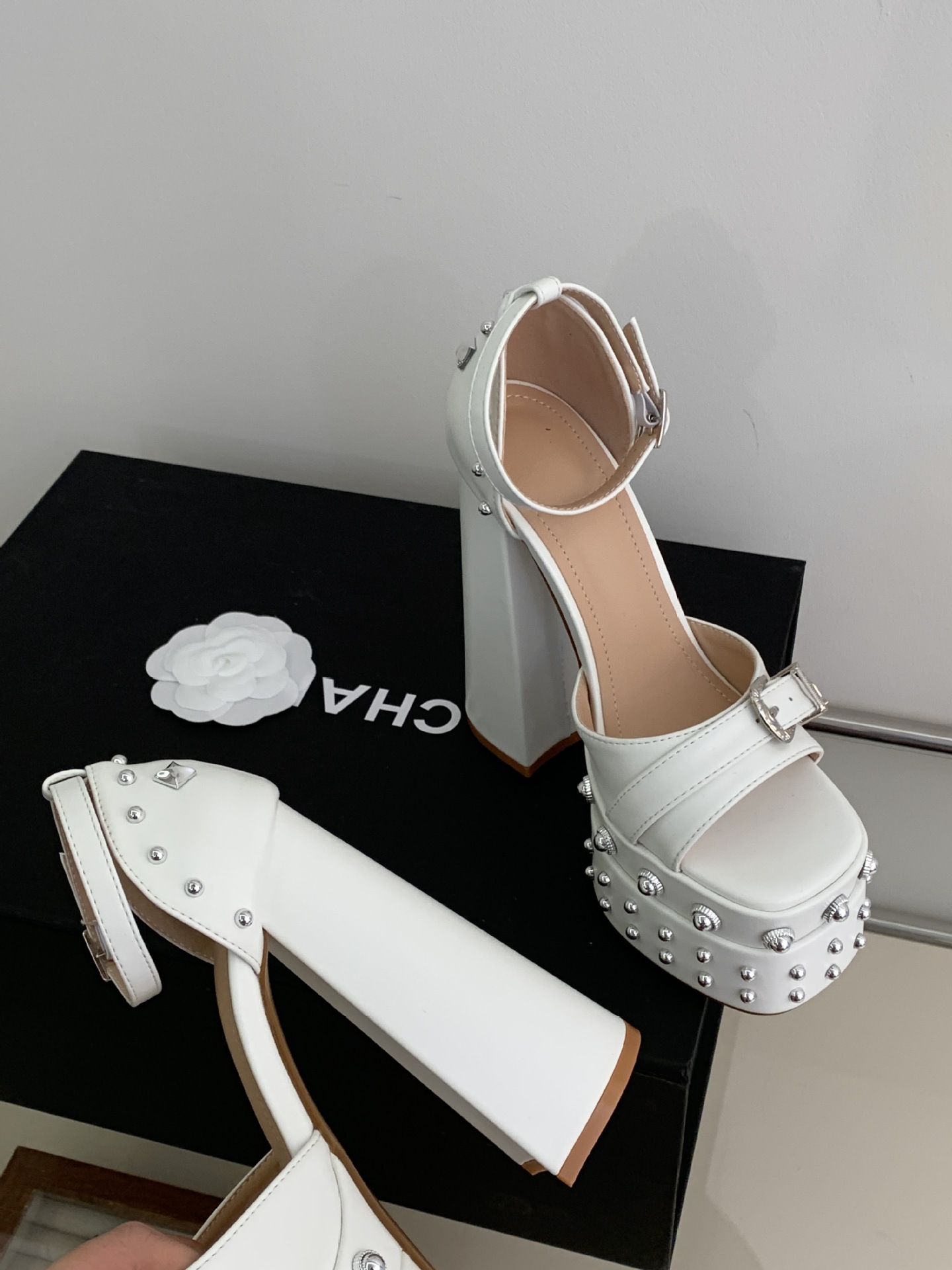 Sandal cao gót nữ hở mũi đính đá, quai một chữ, gót 14,5 cm, đế platform — màu đen chi tiết 28