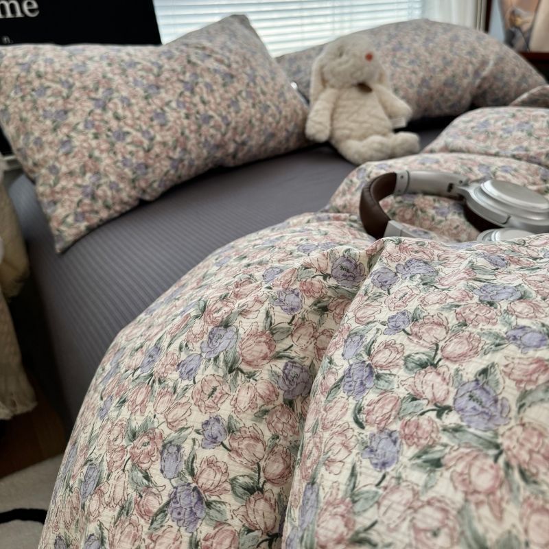 Class A Ultra-Soft Jacquard Double Layer Yarn Washed Cotton Bedding Floral Bed Sheet Quilt Cover Student Dormitory_voghion.com
