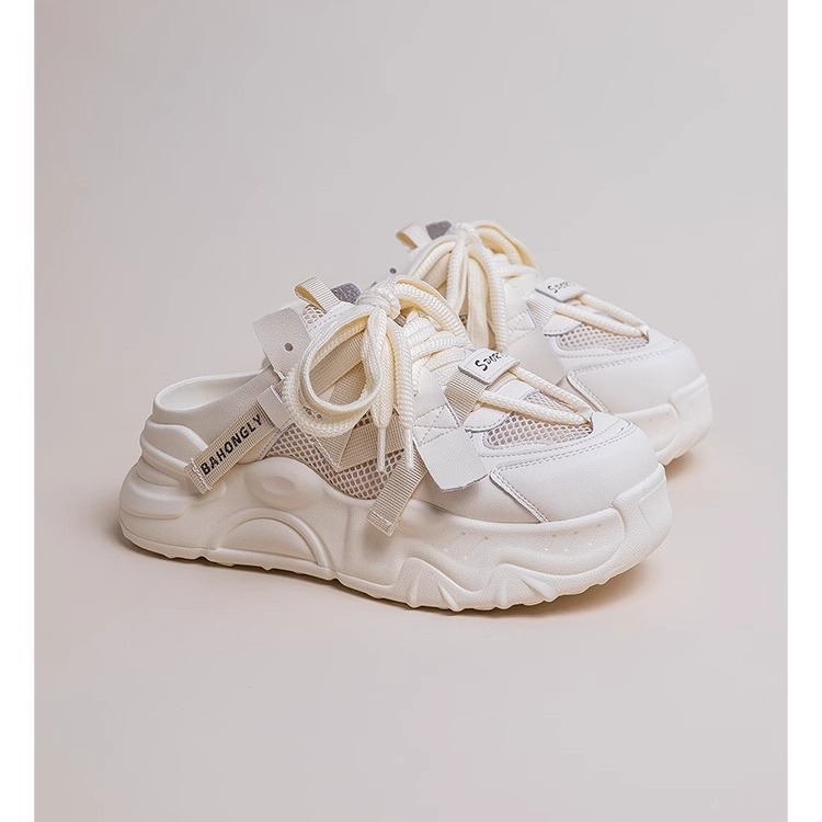 Baotou mitad zapatillas de mujer primavera y verano 2025 nueva red transpirable perezosas explosión de zapatos casuales de suela gruesa
