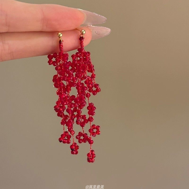 溺于美色~新中式红色复古串珠流苏耳环氛围感轻奢耳坠新娘耳饰|undefined