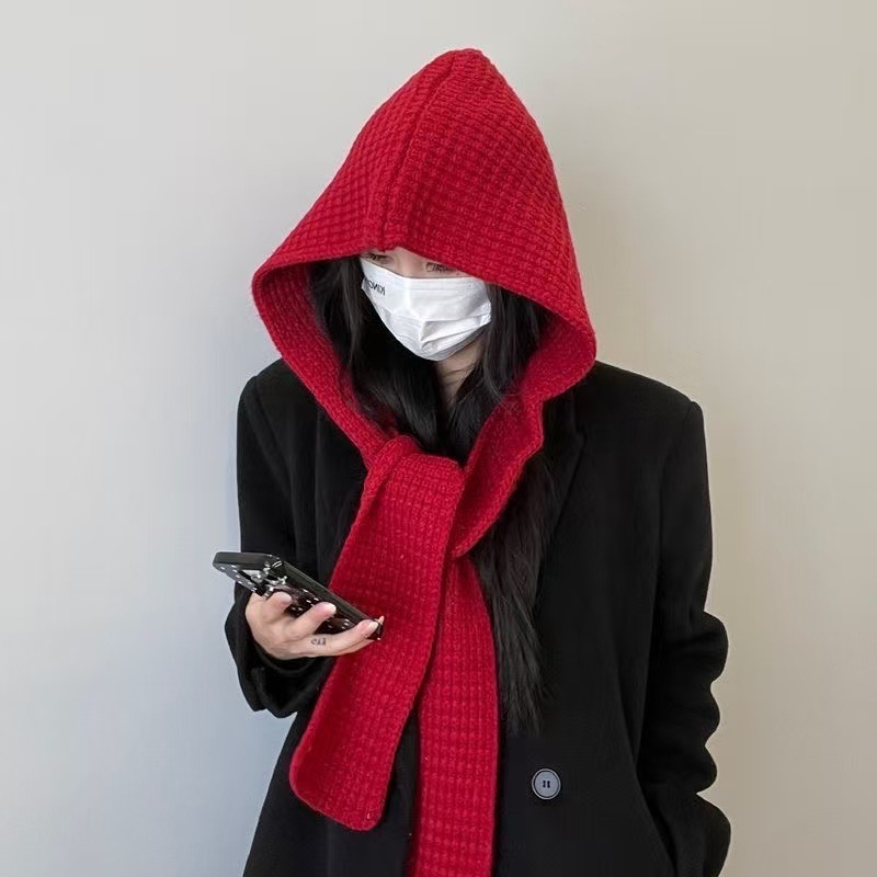 连帽披肩款帽子围巾一体两件套纯色保暖秋冬季两用针织围巾毛线帽|undefined