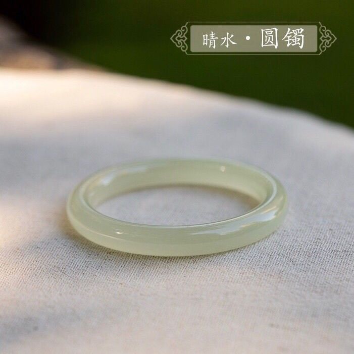 新疆和田石青白玉手镯女款叮当镯圆细条碧玉天然晴水玉手镯送礼