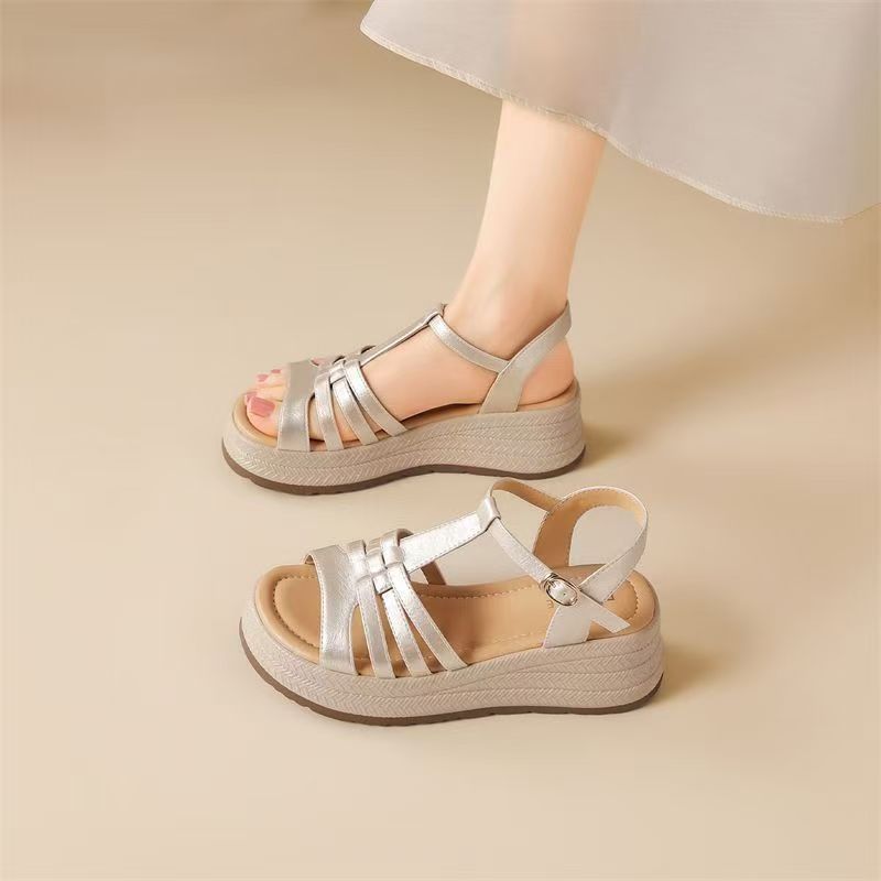 2026 verano nuevo cómodo dedo abierto altura zapatos de madre viajes sandalias romanas para mujeres retro hueco zapatos de tejido para mujeres