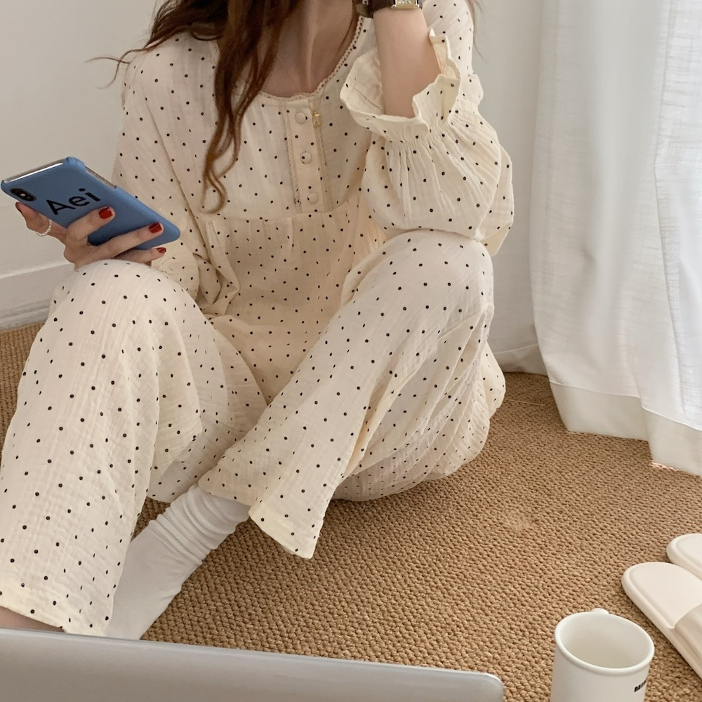2025 primavera coreana INS estilo pijama de mujer manga larga punto ondulado borde de hoja de loto suelto gran cuello redondo ropa de hogar conjunto de transmisión en vivo