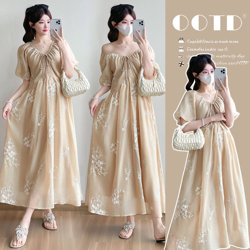 Real Shot French Puff Sleeve Women's Summer Light Luxury Age-reducing Waist Slimming Super Beautiful Embroidered Pregnant Women's Long Dress