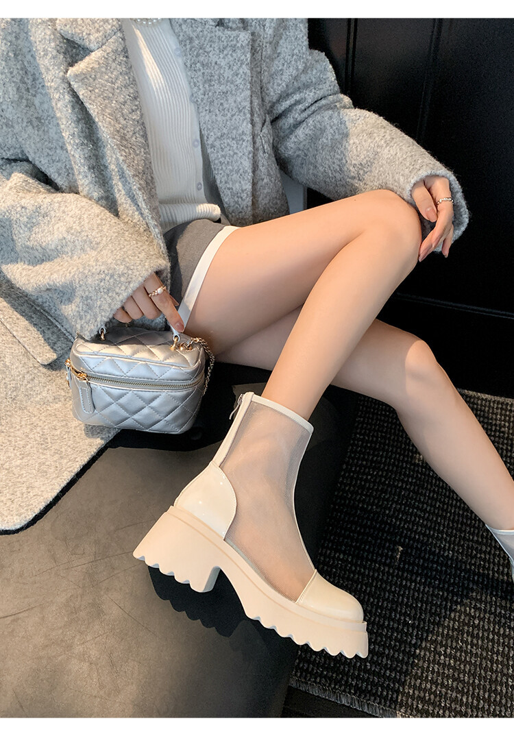 Boot ngắn nữ da thật vải lưới cao gót 6cm mùa hè phong cách Anh thoáng khí — Màu đen, Trắng be chi tiết 51