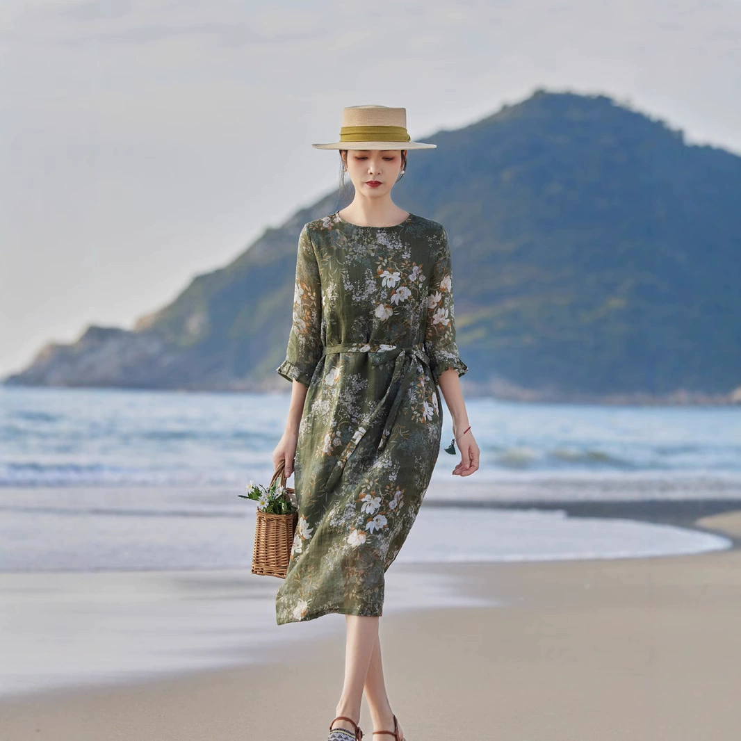 2025 новый стиль путешествия женская одежда из хлопка с принтом рами с длинной шнуровкой платье с рукавами из семи лотоса длинное платье