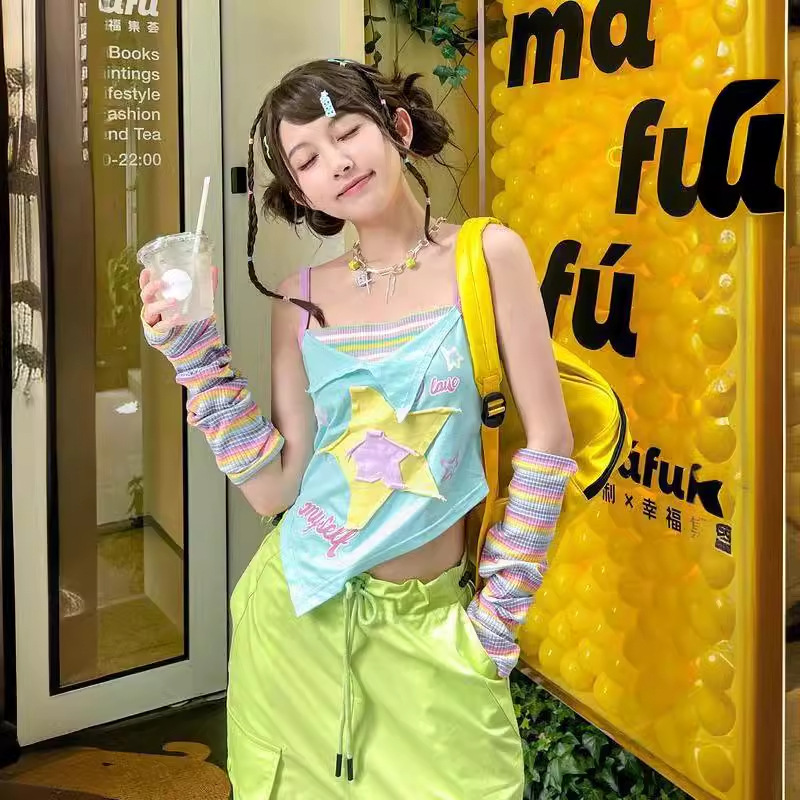 Dopamine summer girl wear fake two-piece color camisole outer wear 2024 Summer new top fashion