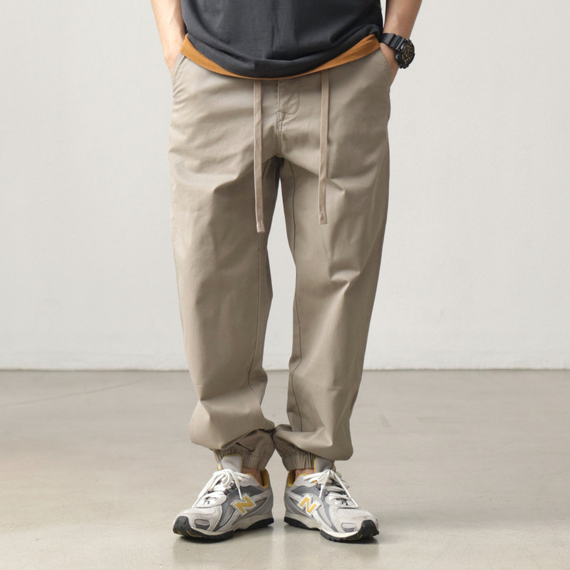 Summer Thin Workwear Casual Pants with Slight Stretch, Elastic Waist, Japanese Retro Style, Sporty Cuffed Loose Straight-Leg Joggers Summer Thin Workwear Casual Pants with Slight Stretch, Elastic Waist, Japanese Retro Style, Sporty Cuffed Loose Straight-Leg Joggers