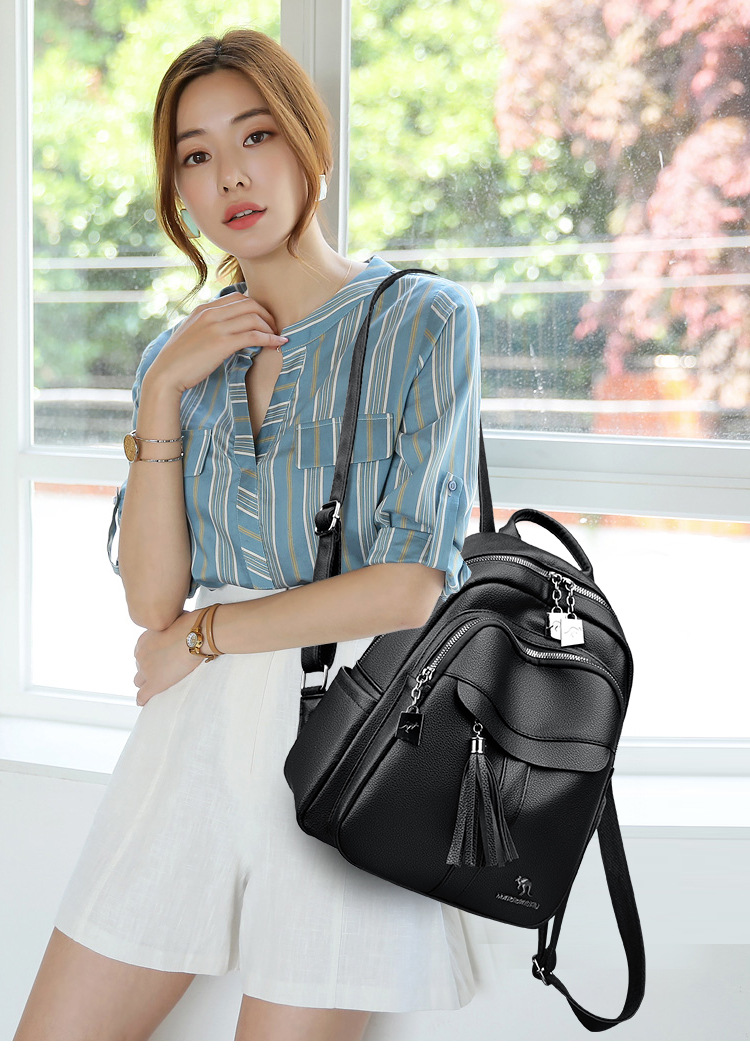 2024 New Street Trend Fashion PU Soft Leather Women's Large Capacity Backpack Travel Bag Tassel Design_voghion.com