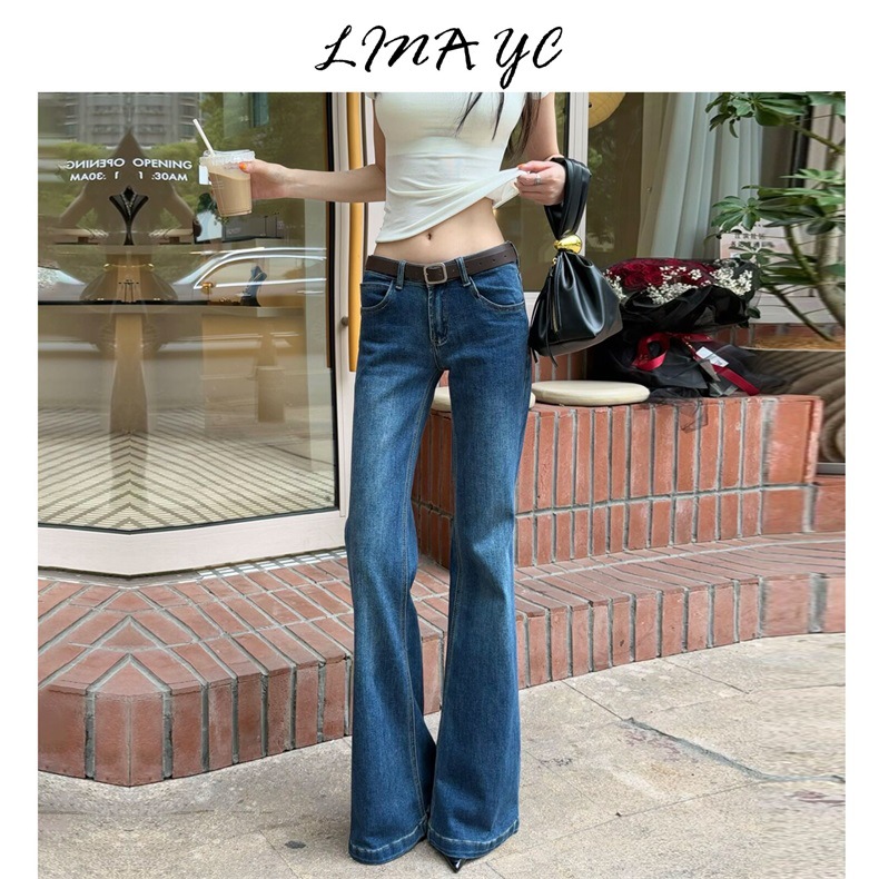 Dark Blue Low-Waist Bootcut Jeans for Women in Autumn New Style for Small People Without Leg-Fitting Elastic Sexy Straight-Leg Flared Floor-Length Pants