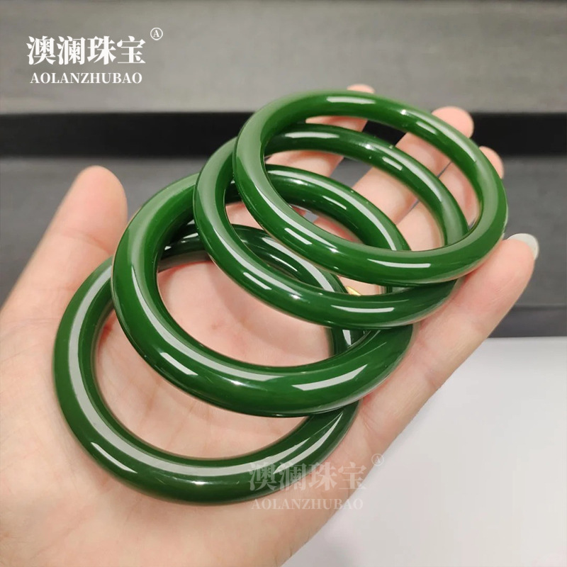 新疆和田外蒙碧玉手镯细条女款老坑菠菜绿少女碧玉圆条玉仿和田玉|undefined