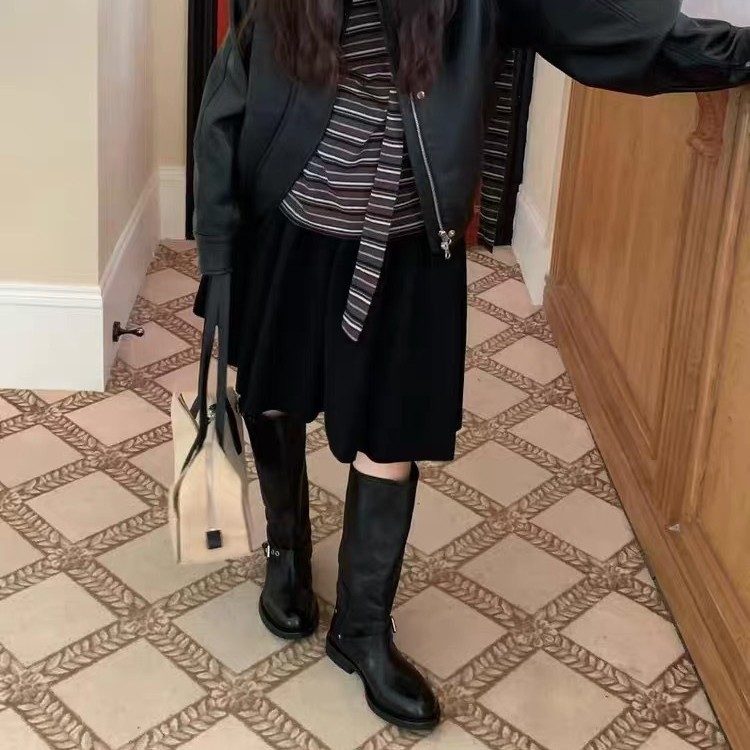 牛皮版~25年新款韩版圆头粗跟皮带扣长筒靴女百搭气质高筒骑士靴|undefined