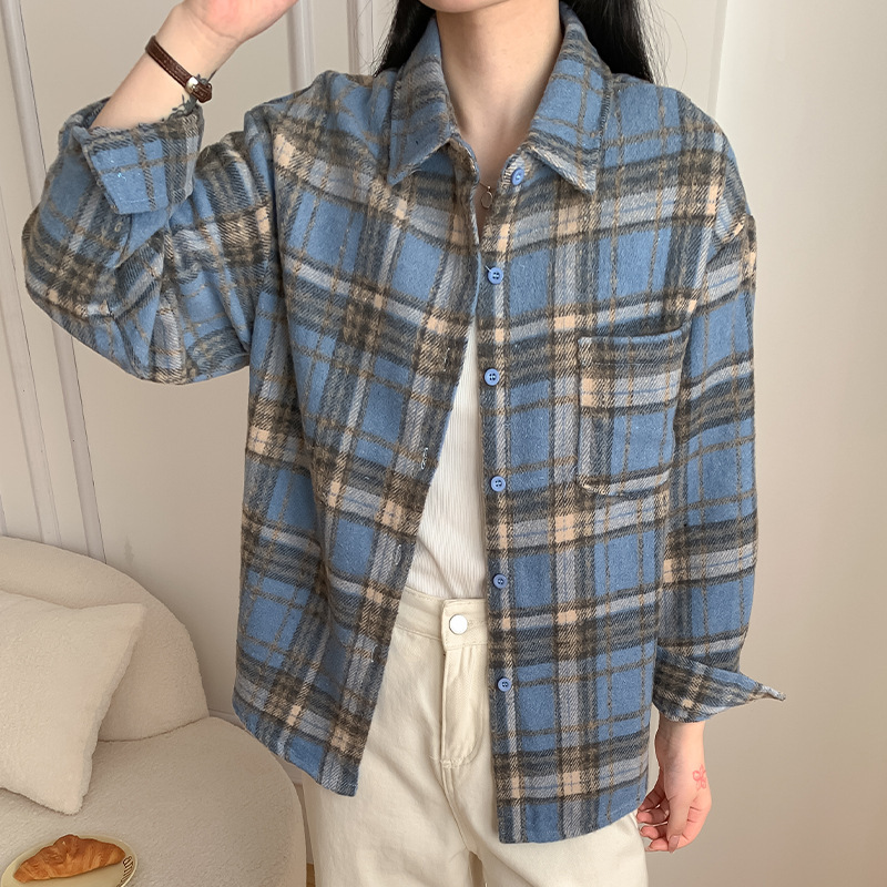 春秋新款韩系小香风气质休闲呢面格纹衬衫宽松显瘦慵懒感衬衣外套|undefined