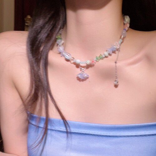 Blue flower beaded necklace for women summer dopamine fairy sweet girl niche design clavicle chain necklace