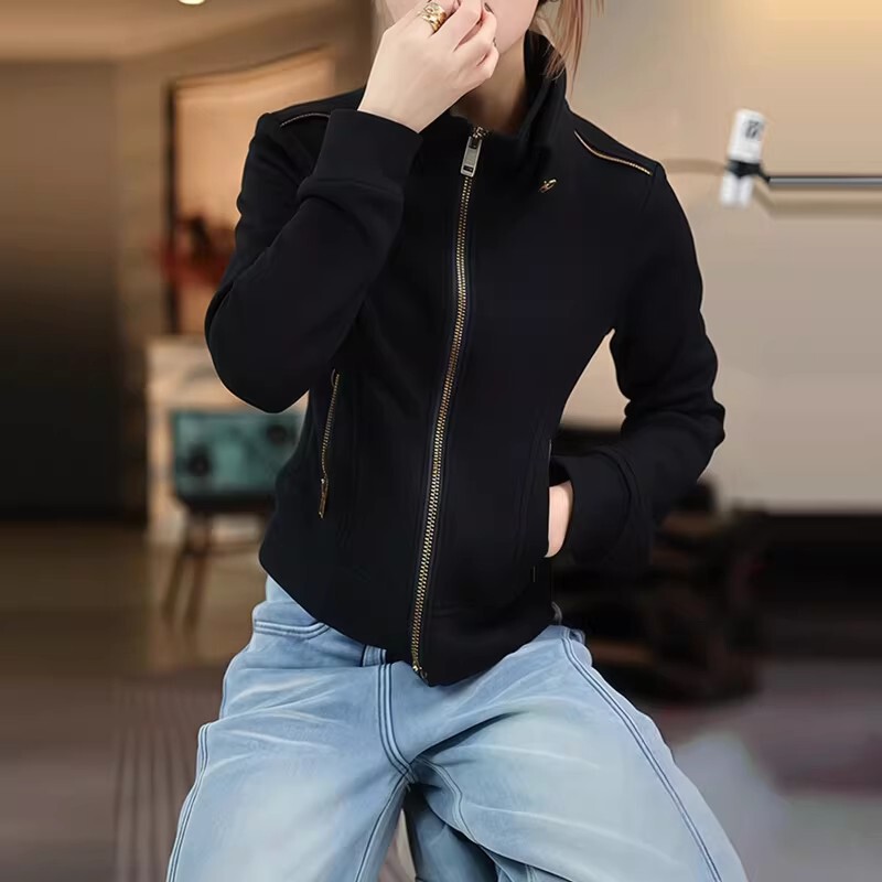 American Street Style Retro Black Stand-Collar Jacket Short Sweatshirt for Women, Spring Slim-Fit Waist-Cinching Hepburn-Style Elegant Top American Street Style Retro Black Stand-Collar Jacket Short Sweatshirt for Women, Spring Slim-Fit Waist-Cinching Hepburn-Style Elegant Top