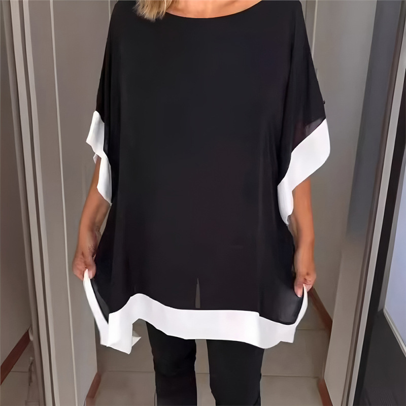 Amazon Independent Site European and American 2025 Spring/Summer New Round Neck Loose Batwing Sleeve Fashion Splicing Comfortable T-Shirt Amazon Independent Site European and American 2025 Spring/Summer New Round Neck Loose Batwing Sleeve Fashion Splicing Comfortable T-Shirt