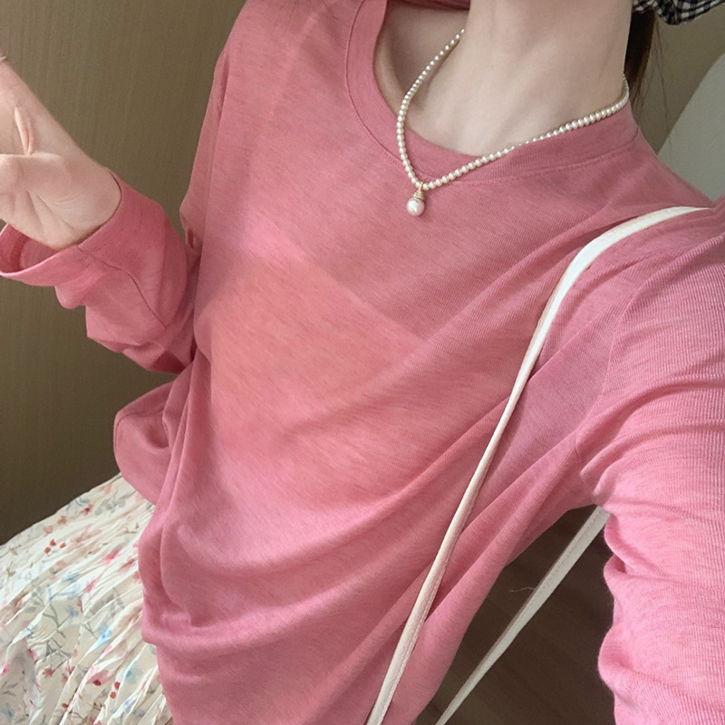 Solid Color Basic Micro-transparent Sunscreen Blouse Women's 2025 Spring and Summer New Thin All-match Loose Slim T-shirt Top