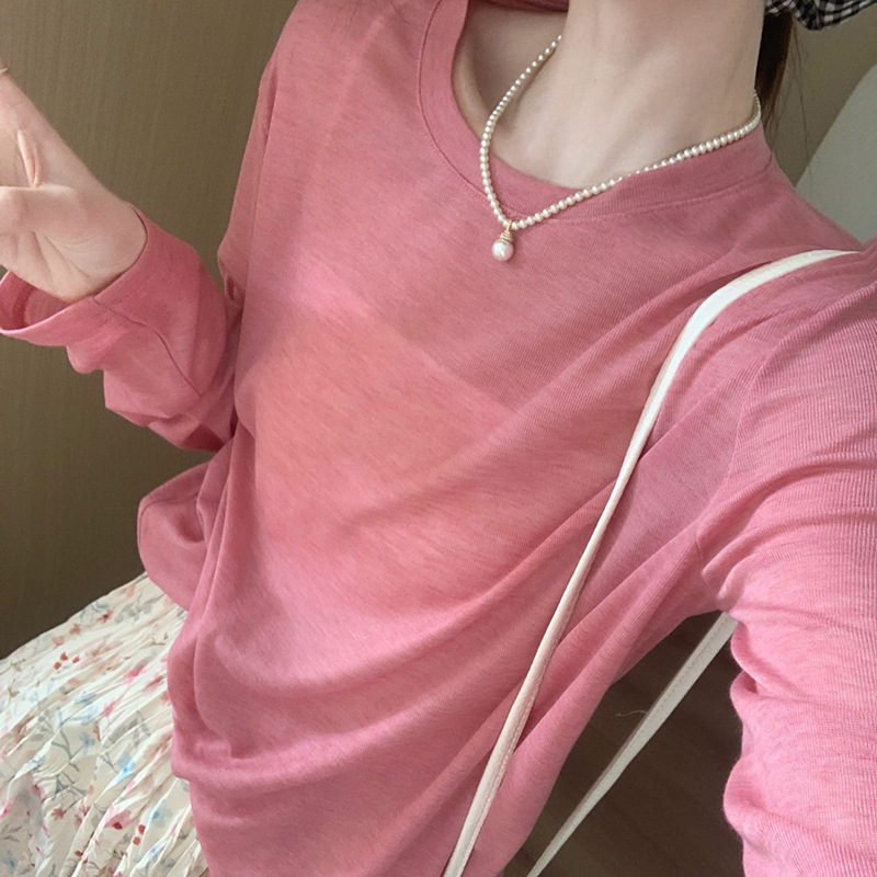 Solid Color Basic Micro-transparent Sunscreen Blouse Women's 2025 Spring and Summer New Thin All-match Loose Slim T-shirt Top