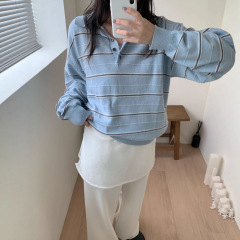 韩国chic 2025秋日新款韩版慵懒风宽松翻领条纹针织衫女百搭上衣