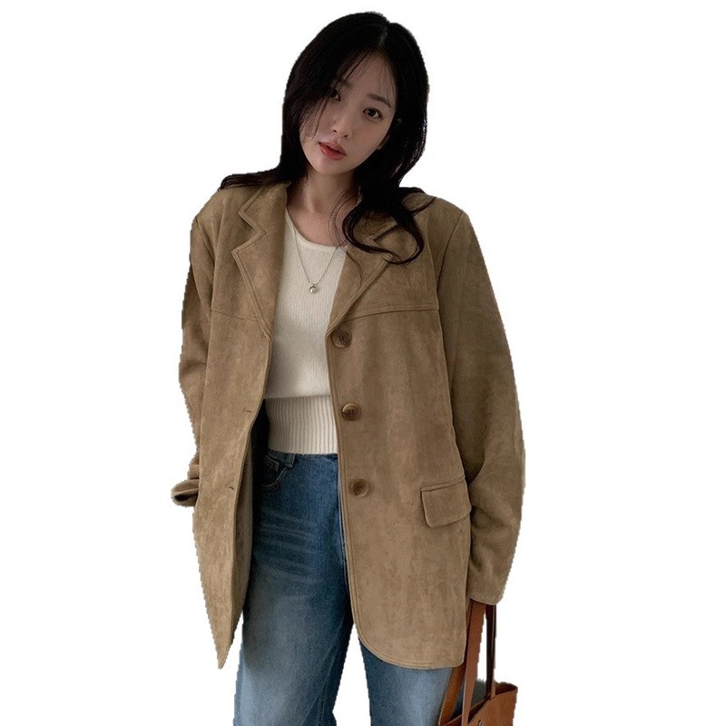 韩国ins秋冬新品美式复古咖色鹿皮绒西装外套美拉德长袖西服女|undefined