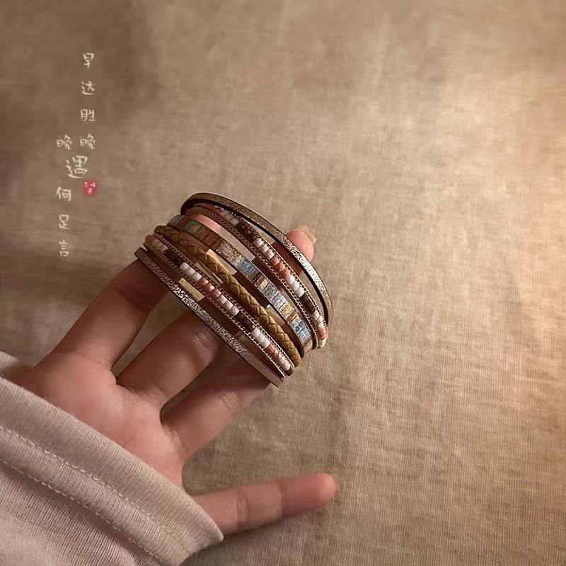 波西米亚民族风多层叠戴皮质手链合集个性潮酷手环小众设计感配饰|undefined