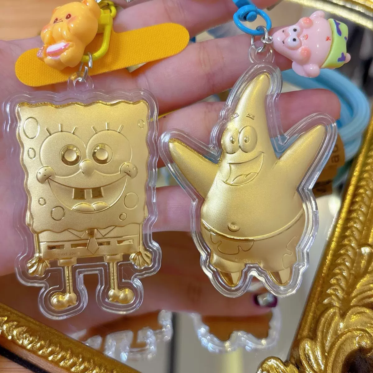 水贝攒金金足金999黄金20毫克海绵宝宝派大星猫手机挂件送礼礼盒
