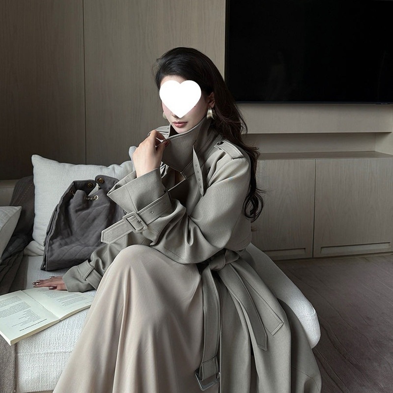 抖爆款佩里月光韩版气质风衣高个子感时尚小众通勤系带宽松大衣女|undefined