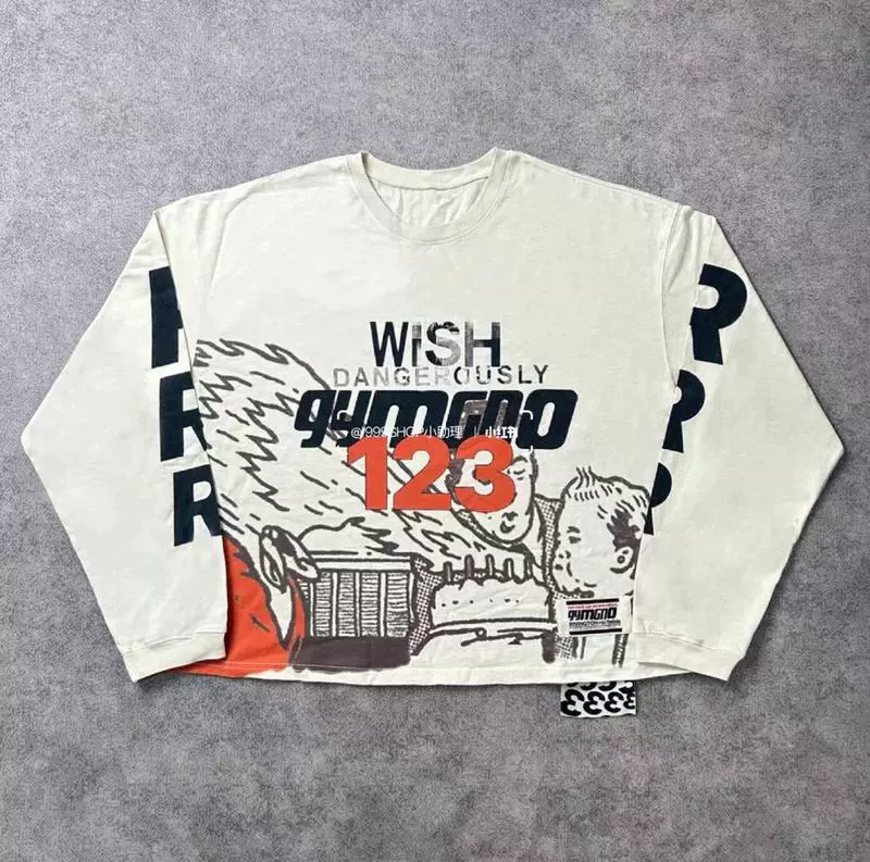 Niche trendy brand RRR123 portrait graffiti slogan long-sleeved European and American street popular versatile loose couple T-shirt for men