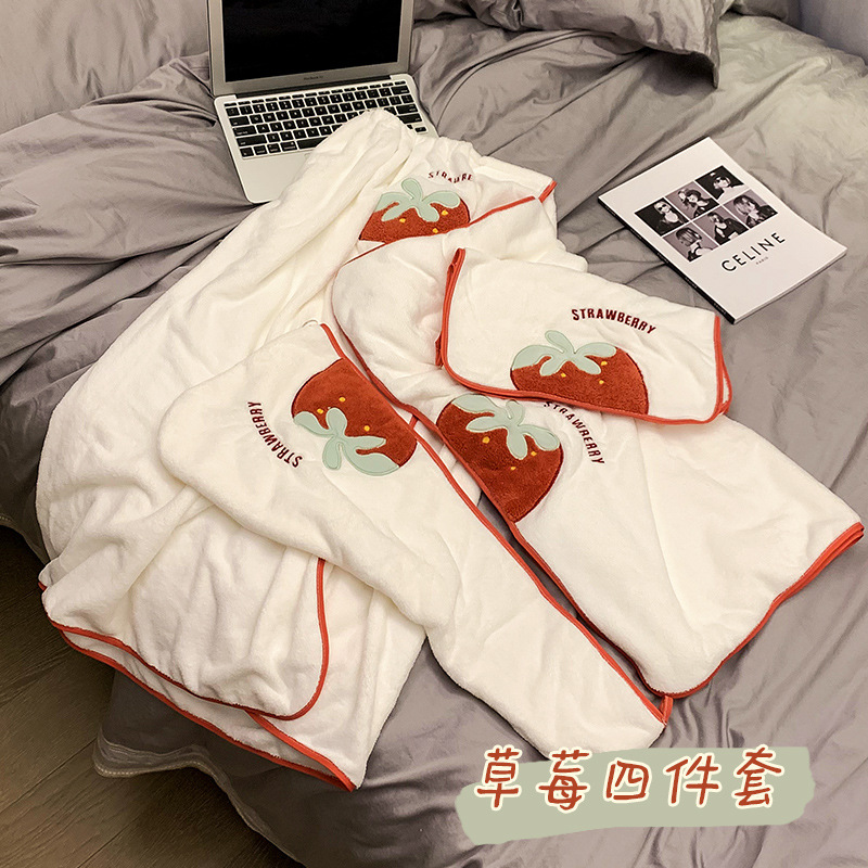 귀여운 딸기 여성용 목욕타올, 웨어러블 랩, 흡수속건 목욕스커트, 목욕가운, 헤어드라이어 캡, 목욕타올 3종 세트