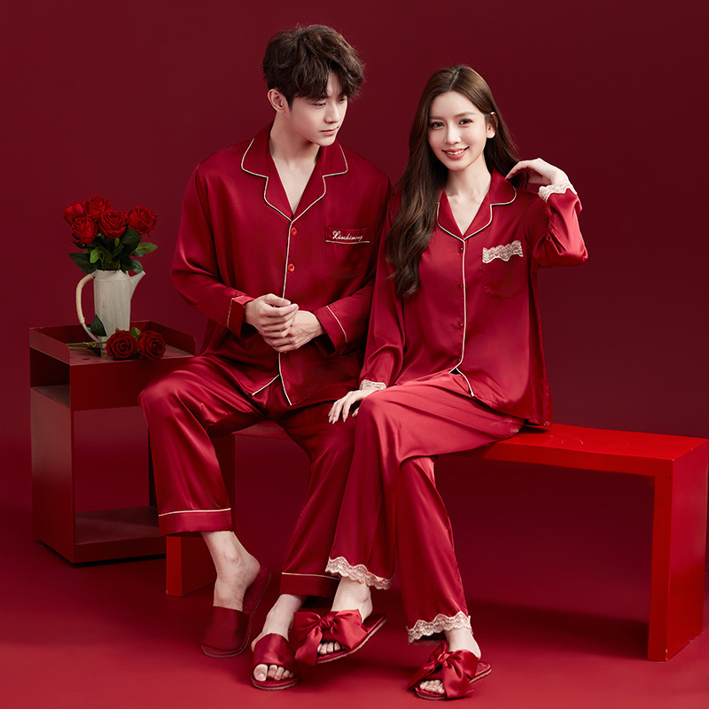 2026 New Wedding Couple Pajamas for Women, Spring and Autumn Ice Silk Long-Sleeved Red Set for the Year of Birth, Men's Plus Size Newlywed Set