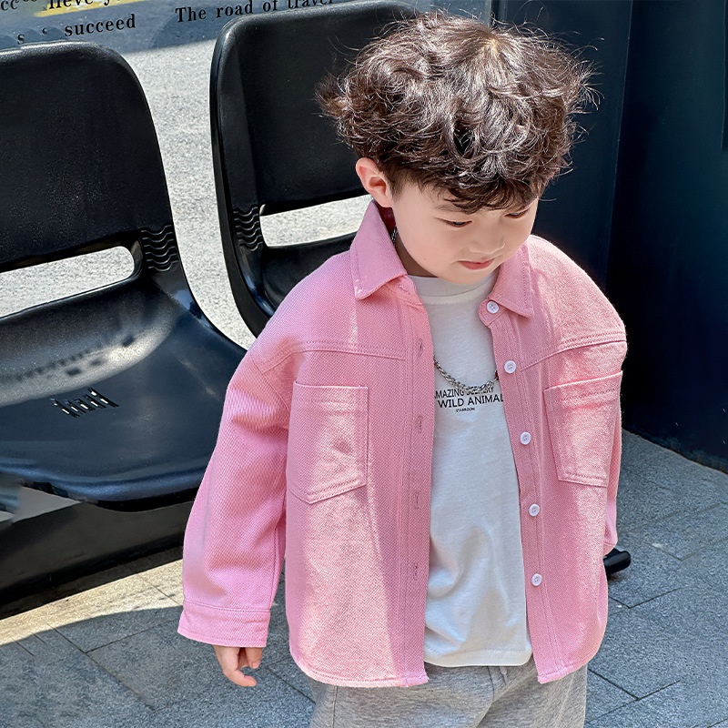 Camisas de bebé de hombre primavera y otoño 2025 nueva camisa de vaqueros de mangas largas chaqueta guapo para niños rosa de moda