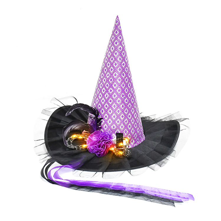 Nuevo sombrero de bruja de Halloween transfronterizo, sombrero de bruja morado negro, mascarada luminosa naranja, vestido de fiesta