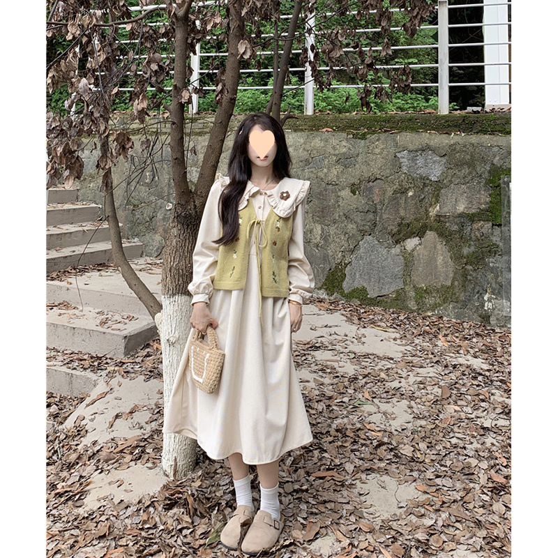 法式娃娃領燈芯絨長袖連衣裙刺繡針織馬甲女春秋2025新款時尚套裝